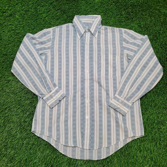 Vintage 70s Herald Dagger Collar Shirt M/L 15.5 34 Folk Art Title Print Stripe - Picture 1 of 12